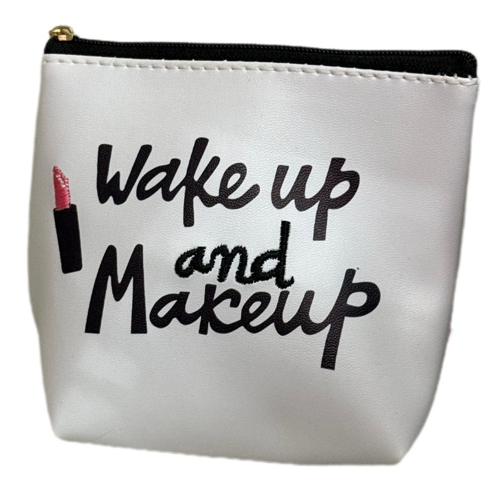 White Makeup Pouch with Black and Pink Design